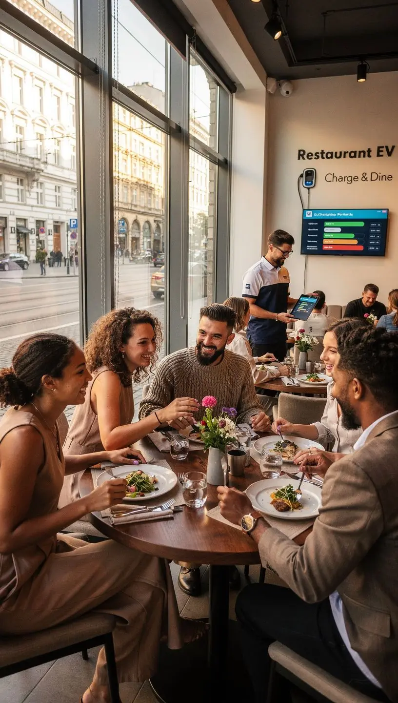 Familien genießen ihr Essen, während ihre Elektrofahrzeuge aufgeladen werden.