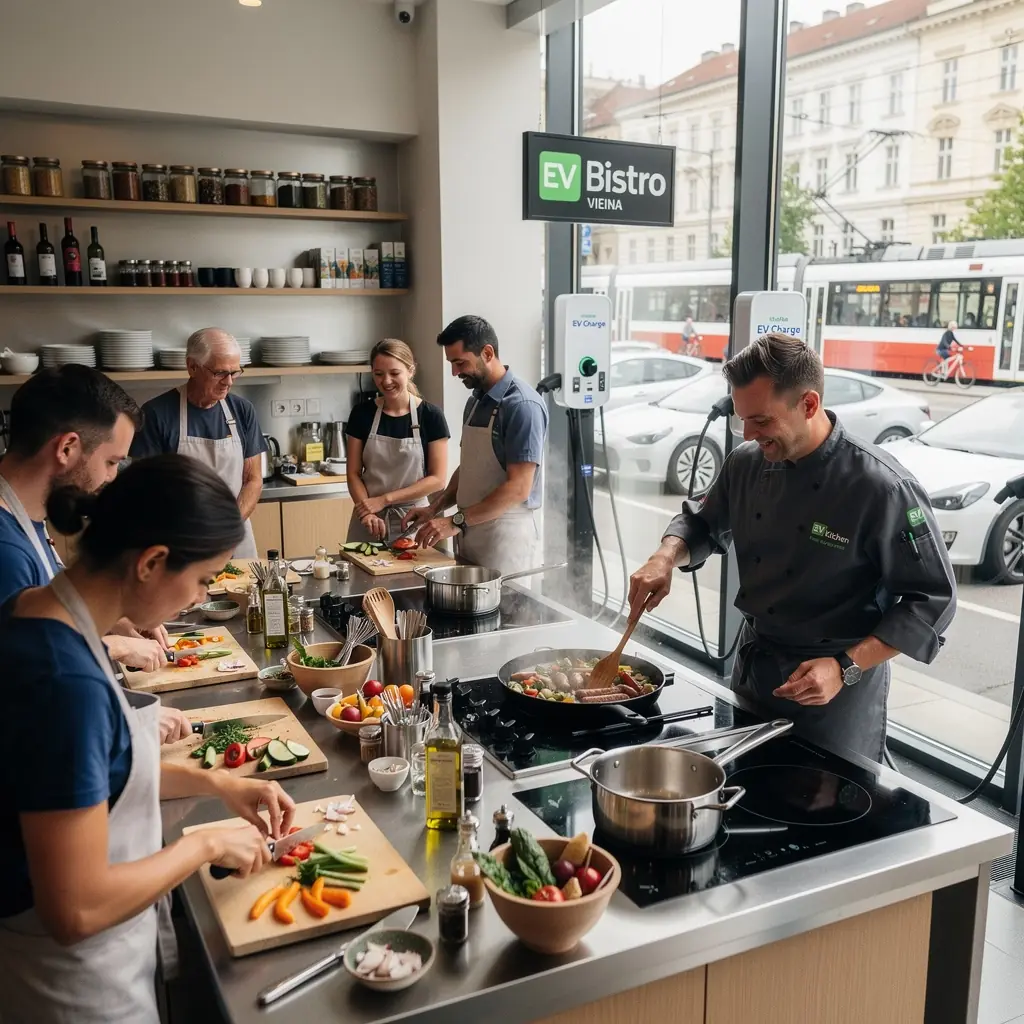 Eine moderne Ladestation für Elektrofahrzeuge, die direkt neben dem Restaurant platziert ist.