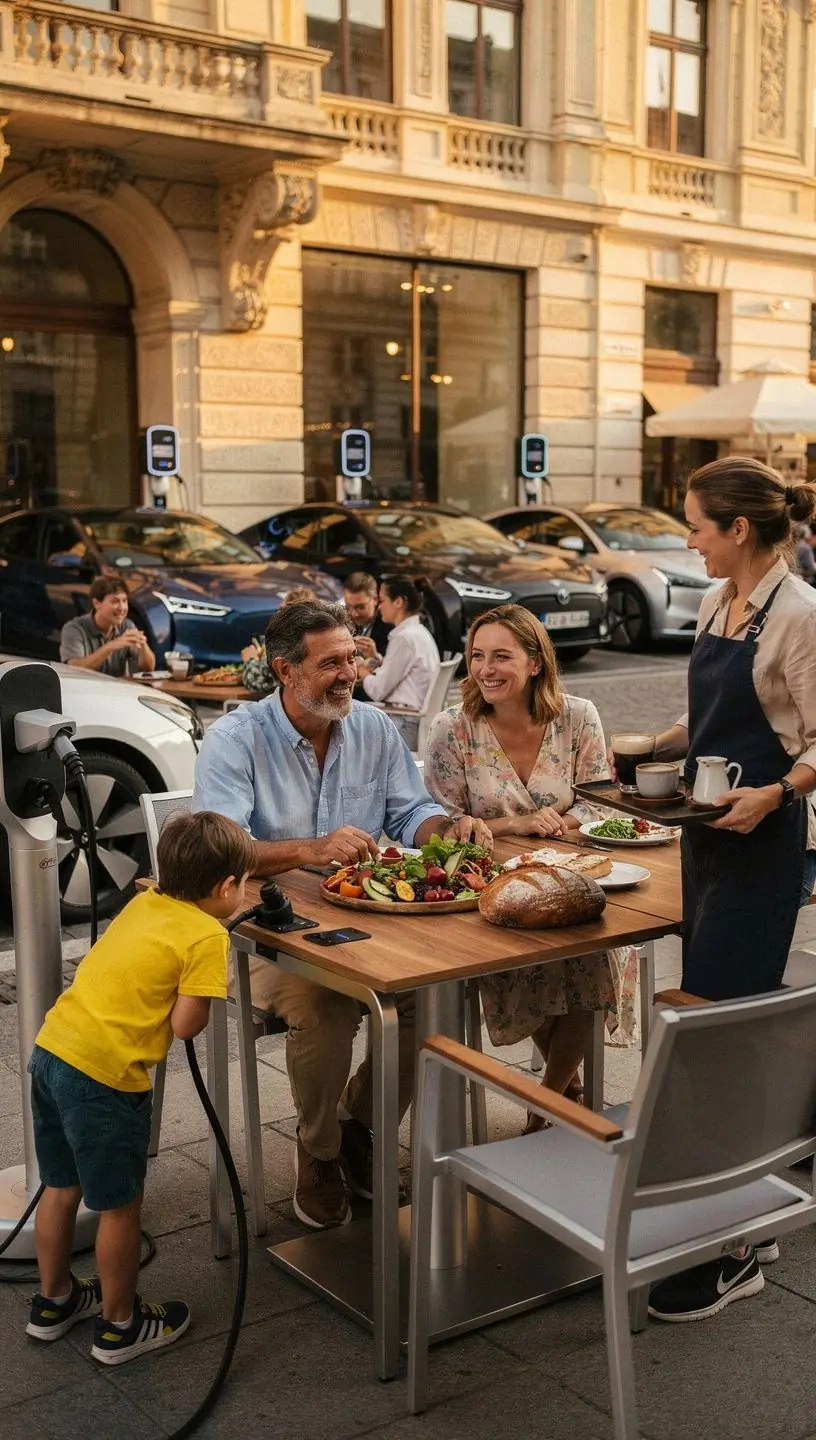 Ein gemütliches Restaurant mit modernen Elektro-Ladestationen für Fahrzeuge.