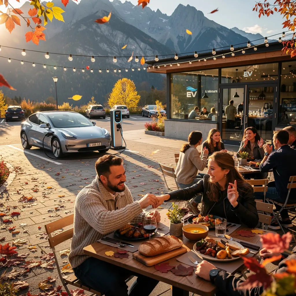 Ein Teller mit kГ¶stlichen Speisen und einem Elektrofahrzeug, das wГ¤hrend des Essens aufgeladen wird.