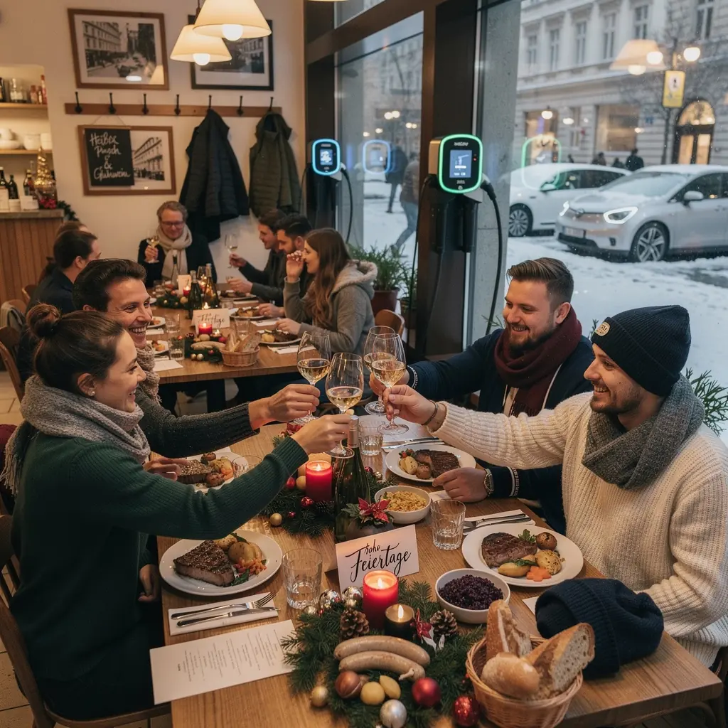 Ein freundlicher Kellner, der einem Gast die Speisekarte in einem Restaurant mit Ladestationen prГ¤sentiert.