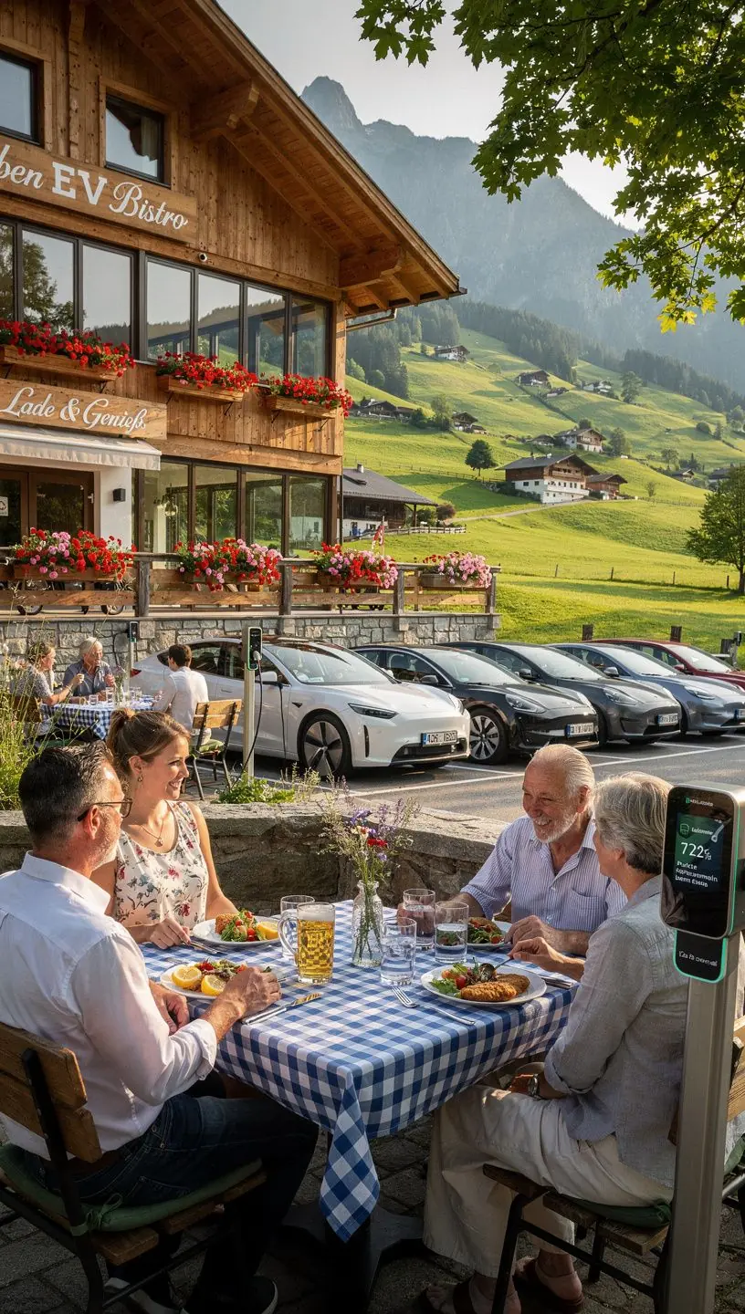 Ein AuГџenbereich des Restaurants mit GГ¤sten, die ihre Elektrofahrzeuge aufladen und die Aussicht genieГџen.