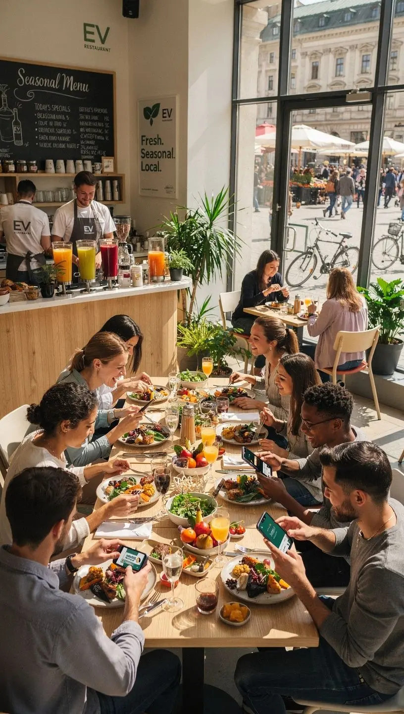Ein Elektrofahrzeug, das an einer Ladestation parkt, während die Familie im Restaurant speist.