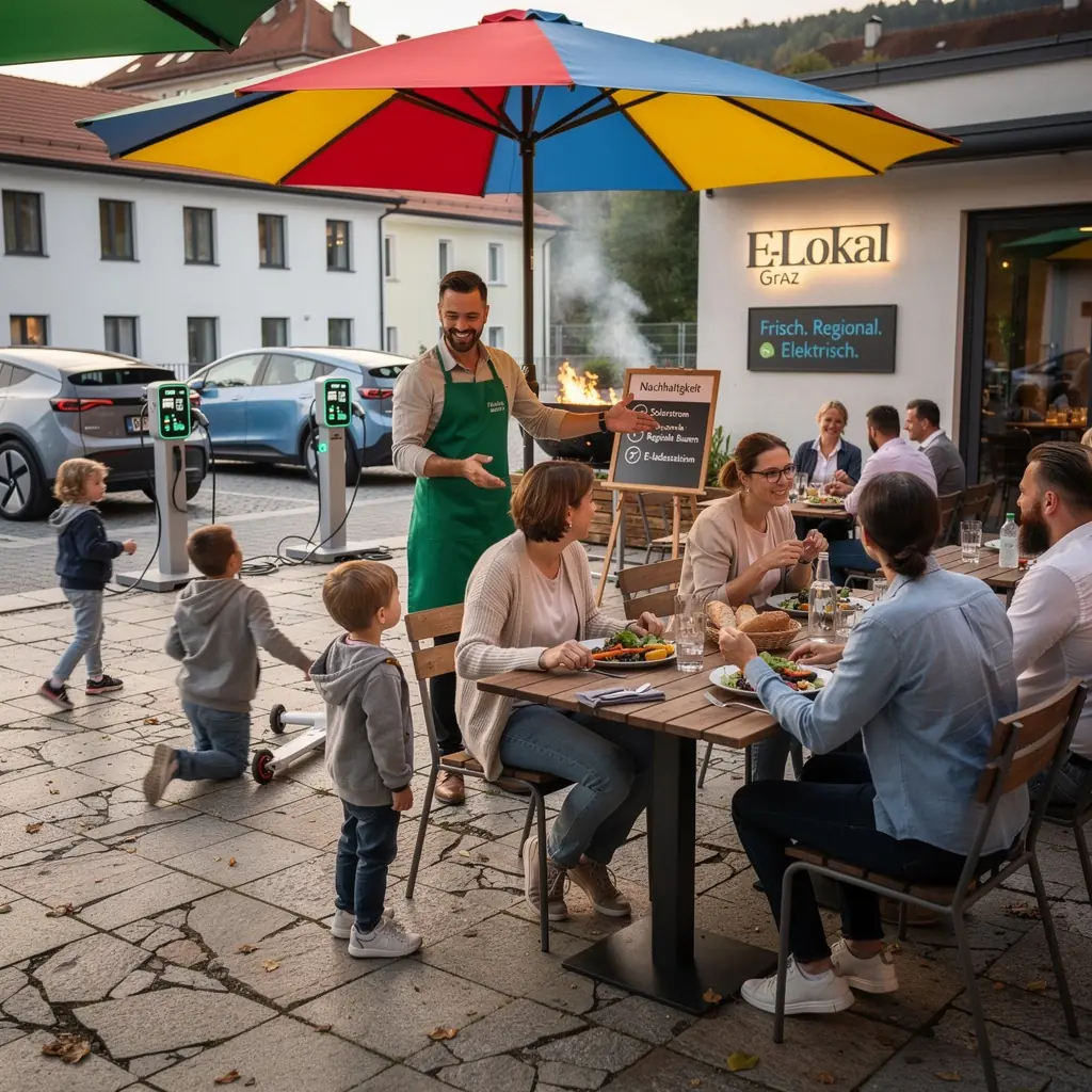 Ein Blick auf die Außenansicht des Restaurants mit mehreren Elektro-Ladestationen vor der Tür.