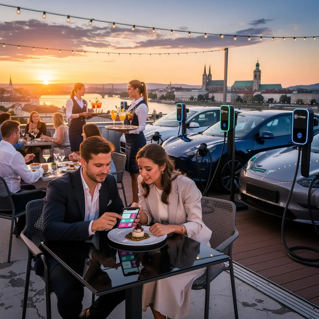 Ein Dessertteller, der auf einem Tisch steht, während im Hintergrund das Aufladen eines Elektrofahrzeugs sichtbar ist.