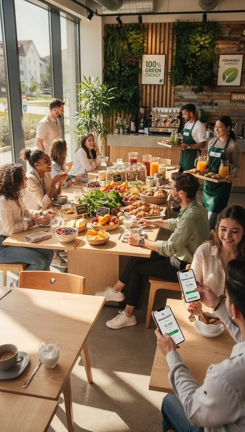 Ein gemГјtliches Restaurant mit modernen Essbereichen und Ladestationen fГјr Elektrofahrzeuge.